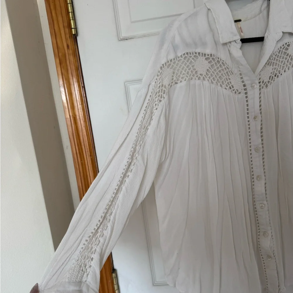 Free People Katie Bird White Button Down Shirt with Lace Accents - Picture 5 of 8